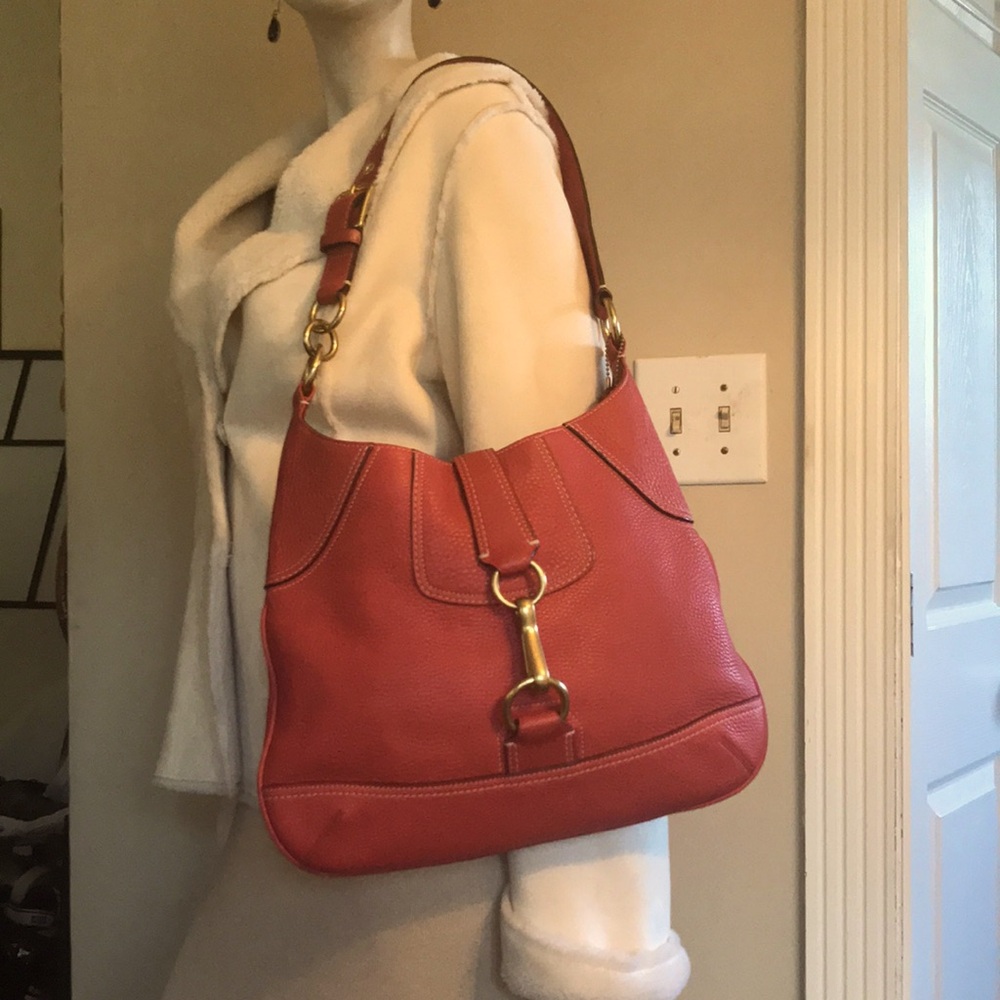 Coach Women’s Coral Hampton Pebbled Leather Clip Closure Hobo Shoulder Handbag